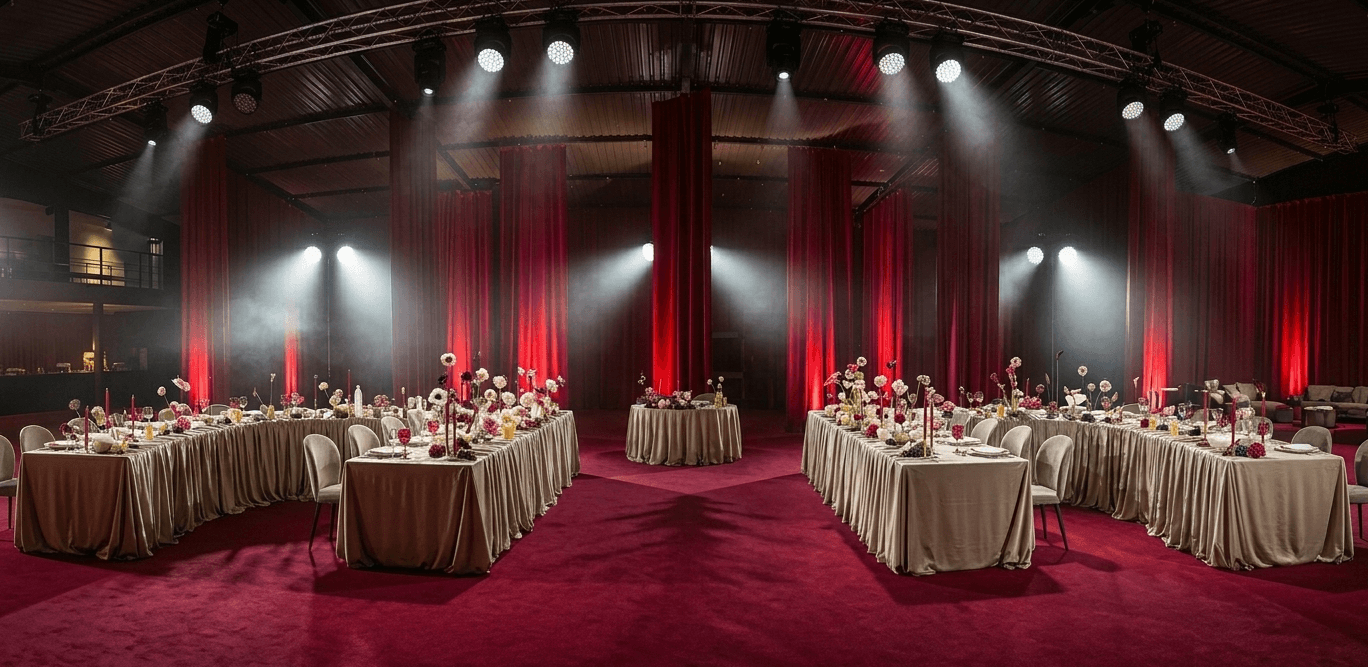 Elegant red-lit wedding reception